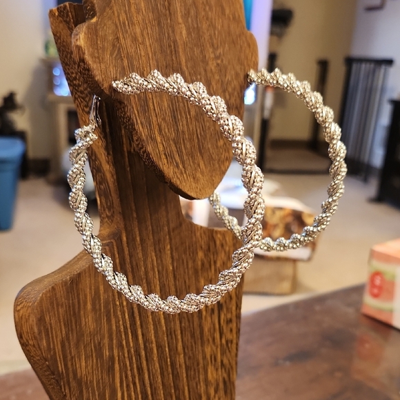 Twisted Silver Toned Large Hoops Statement Earrings - Picture 2 of 6